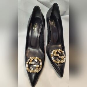 GUCCI Black Heels with Gold & Crystal Accents, Size 36